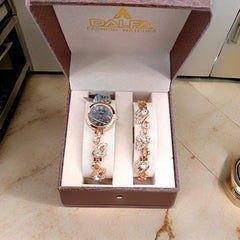DALFA Fashionable Girls/Ladies Watches and Bracelet Set Rose Gold Strap With Grey Dial