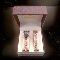 DALFA Fashionable Girls/Ladies Watches and Bracelet Set Rose Gold Strap With Grey Dial