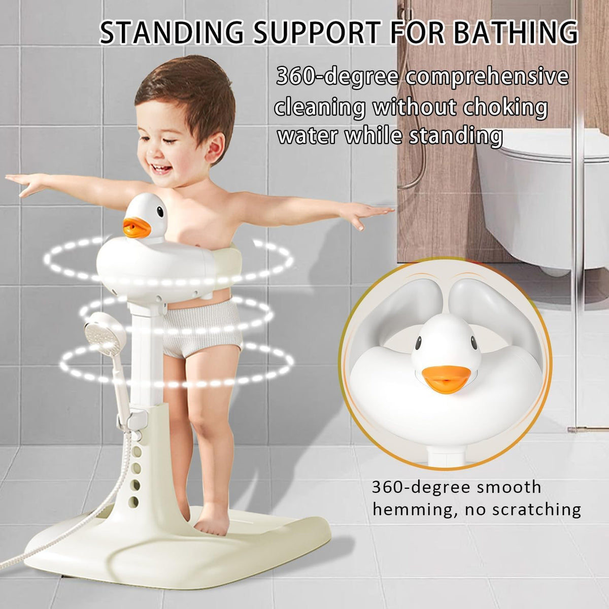 Baby Shower Stand Support,Adjustable Bath Stand with Anti-Slip Base,Bath Helper,Smart Water Flow Hug Tower Bath Support,Huggable Duck Bath Support for Infants & Toddlers(Ash Gray)